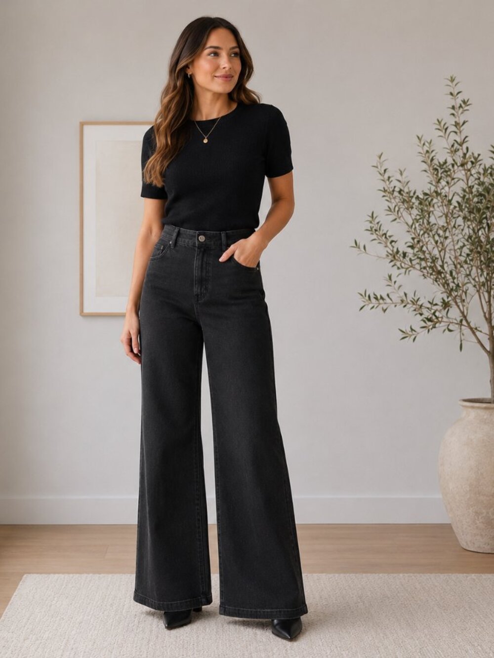 Ann Taylor Wide Leg Jeans Size 4 Black High Rise Flare Minimalist Modern